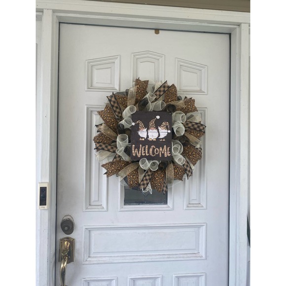 Leopard Welcome Gnome Deco Mesh Ribbon Wreath Front Door Hanger - Picture 7 of 7